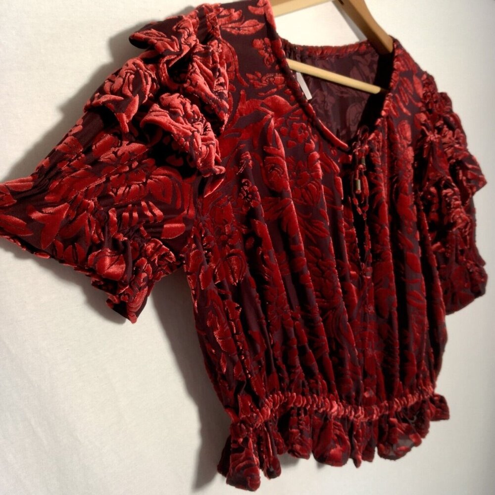 Free People Velveteen Dream Shirt S Red Floral Velour Crop Peasant Ruffle V Neck - Picture 6 of 16